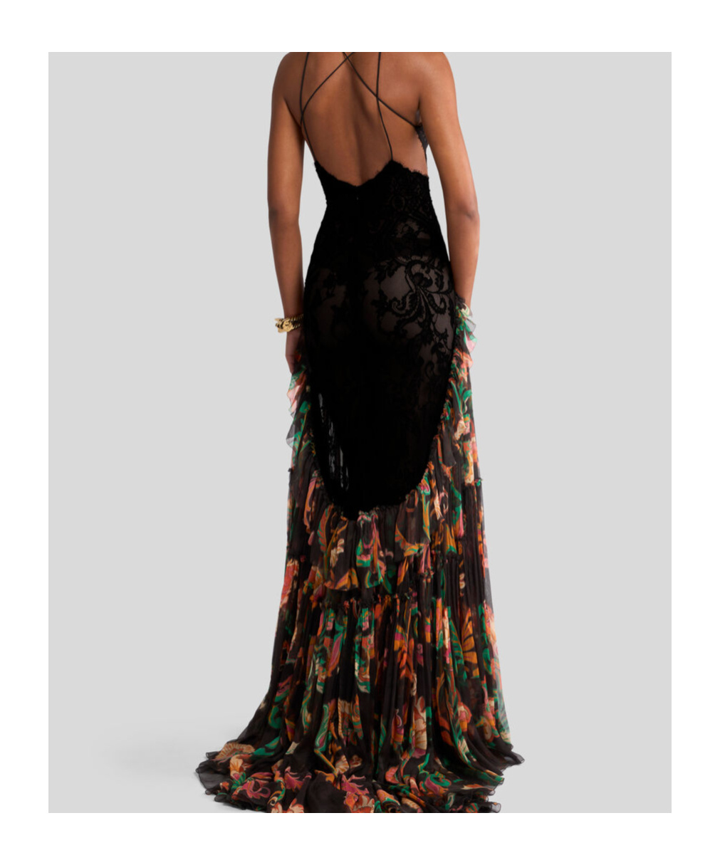 Etro Long Silk Dress With Flounce In Black