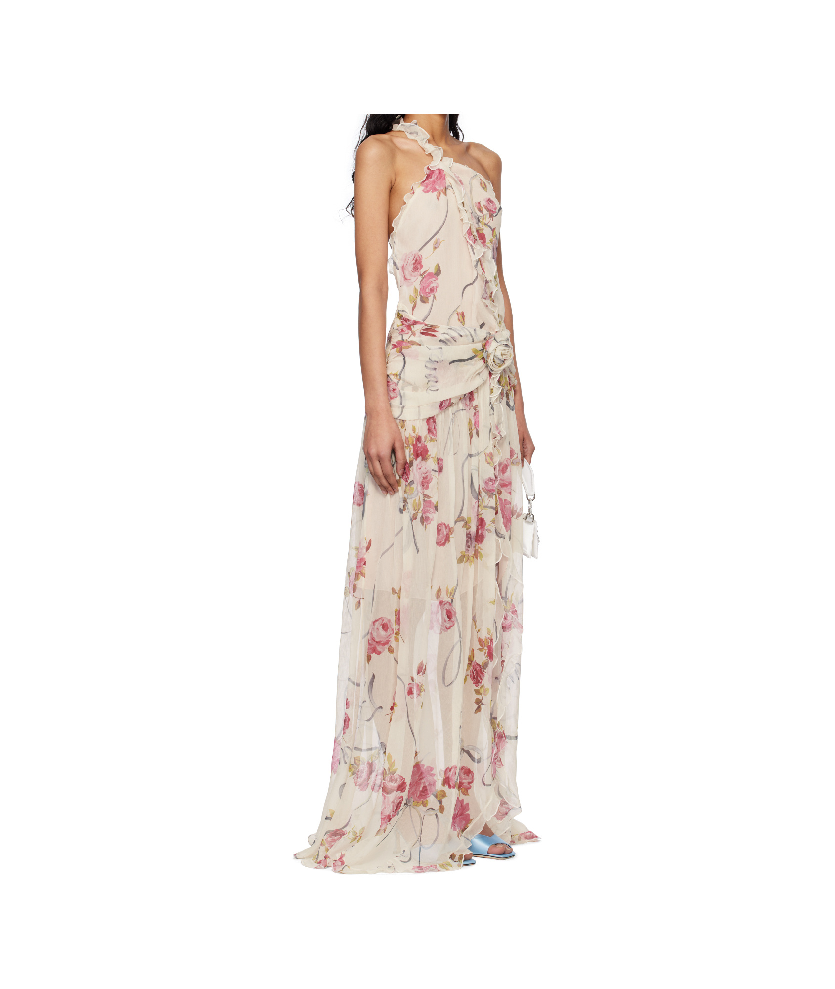Blumarine Off-white & Pink One-shoulder Creponne Maxi Dress In Nude