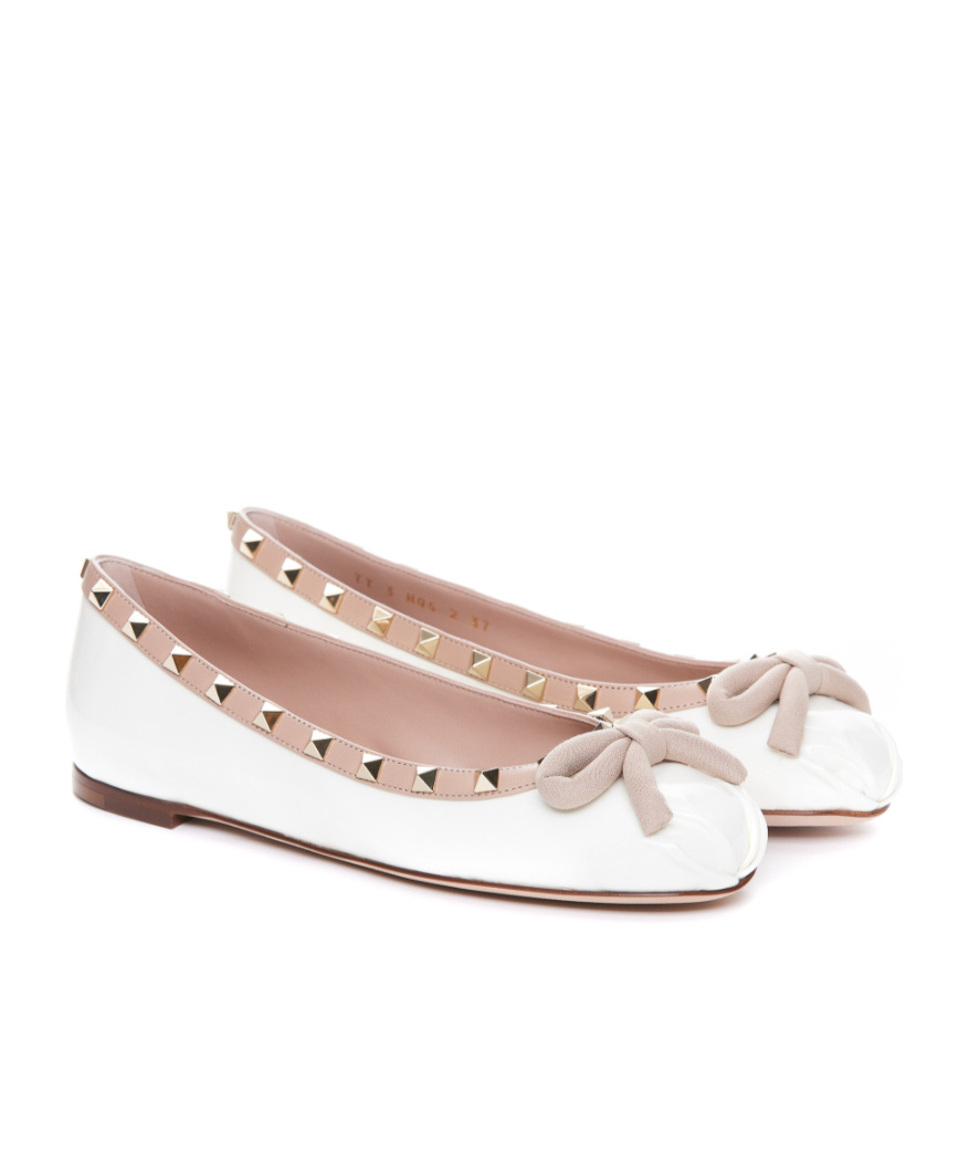 Valentino Rivet Square Toe Ballet Shoes In White