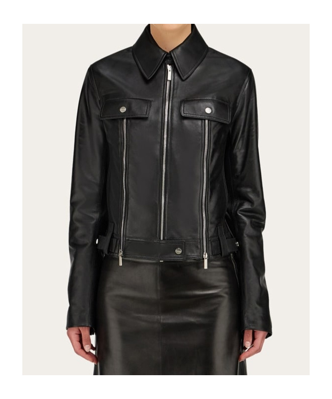 Ferragamo Biker Jacket With Vertical Zip Detail In Black