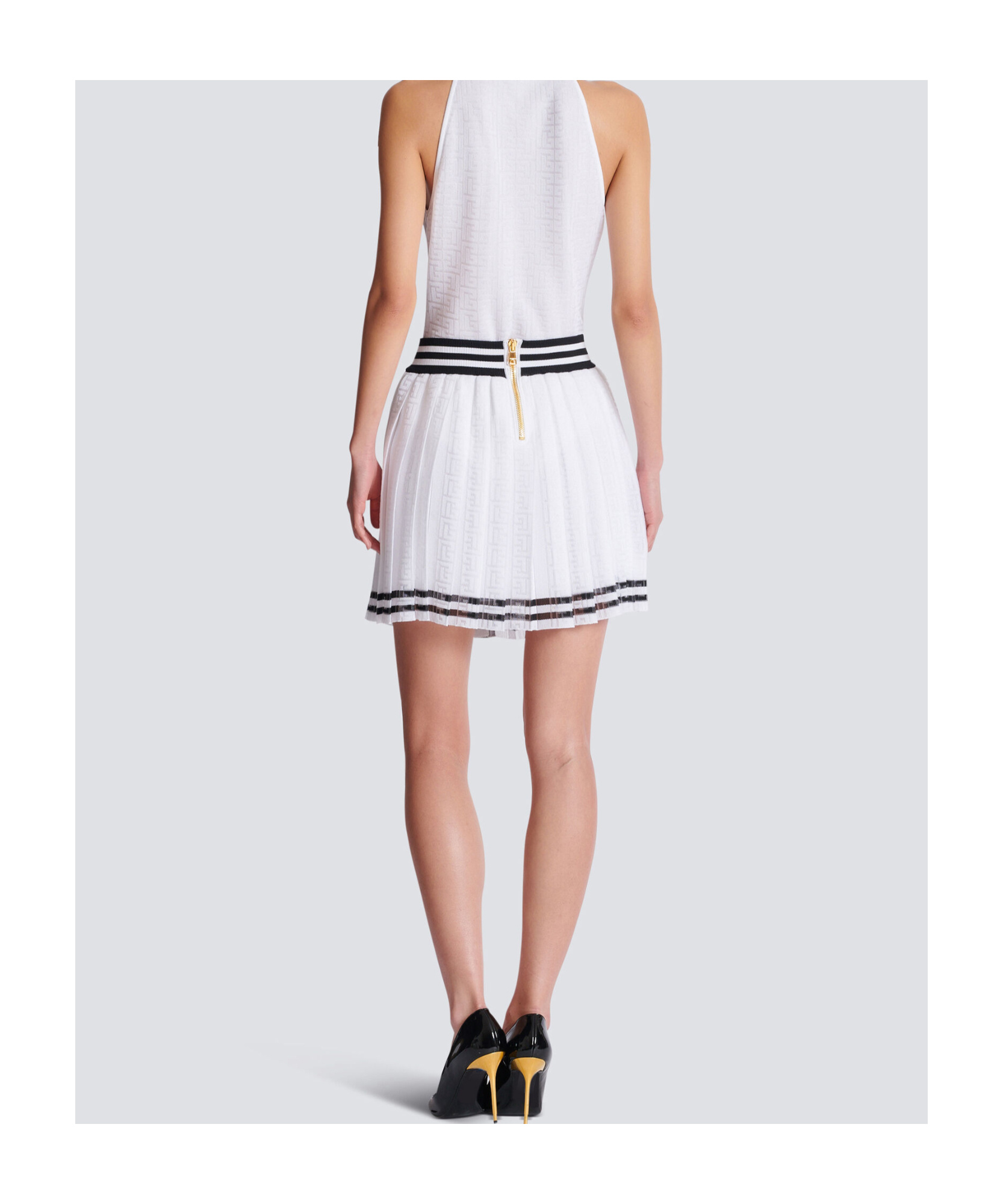 Balmain Pleated Monogrammed Knit Skirt In White