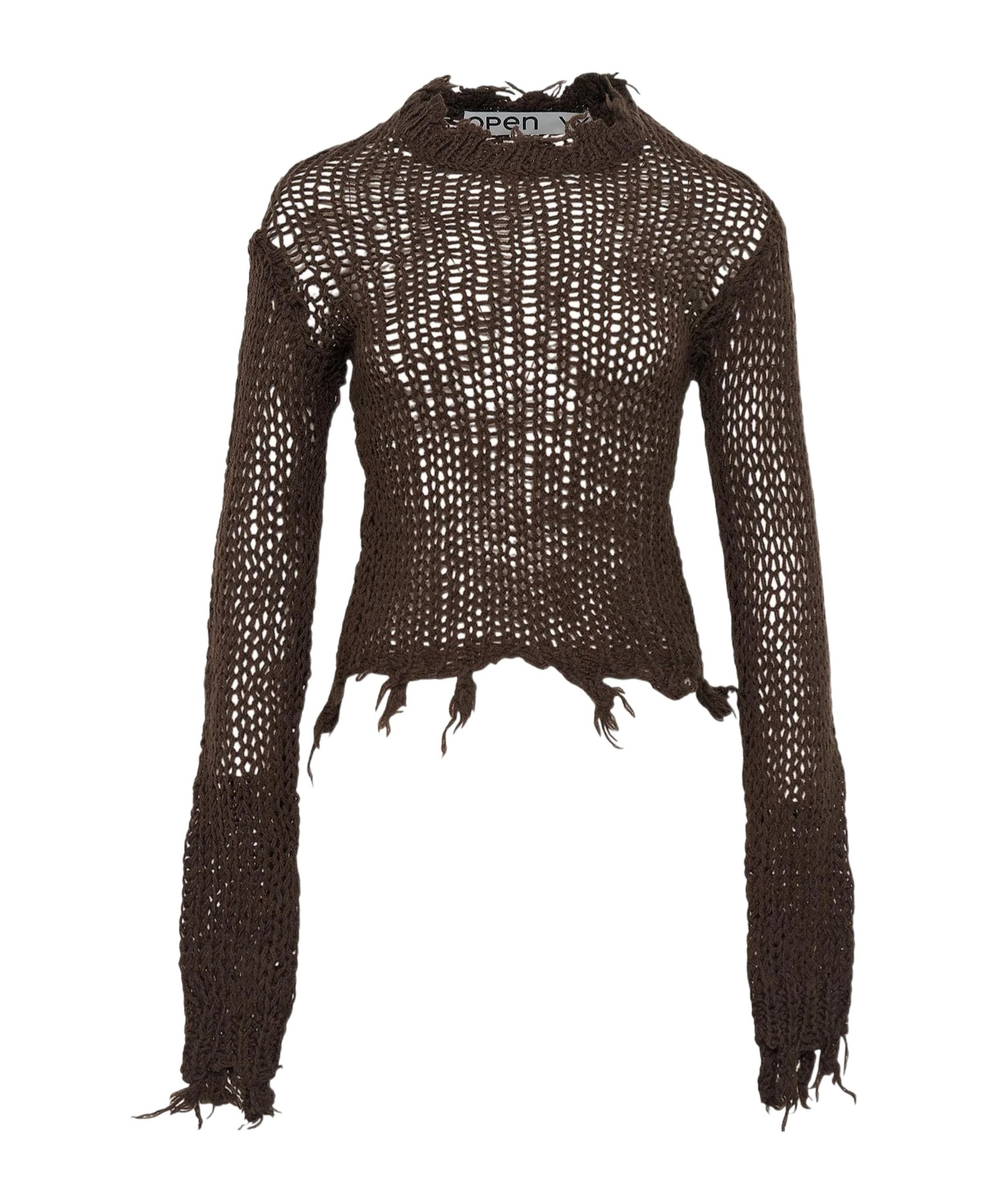 Open Yy Distressed Crop Knit Sweater In Brown