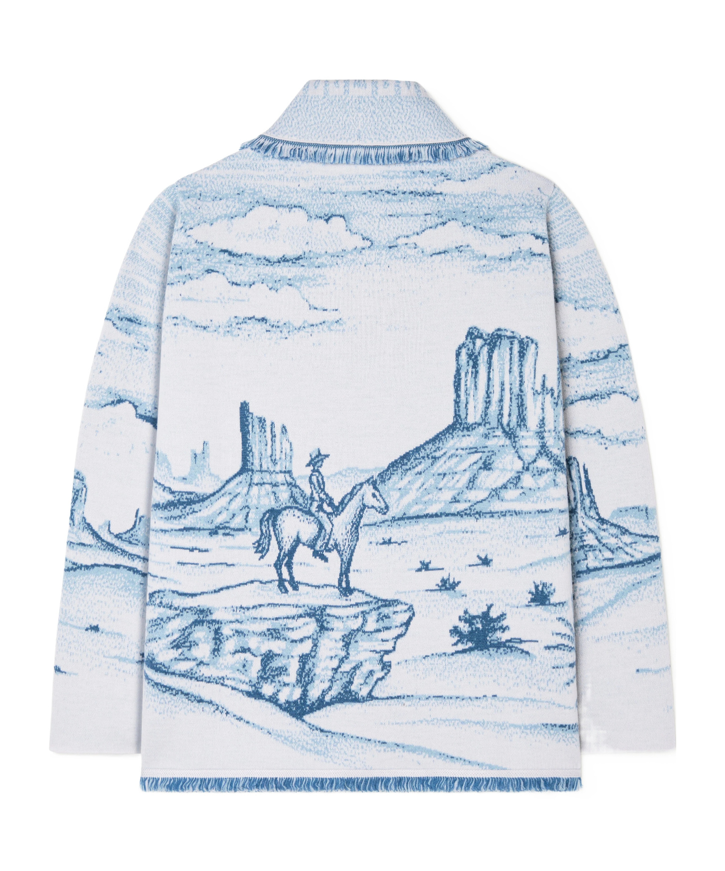 Alanui Silent Rider Landscape-intarsia Fringed Cardigan In Blue