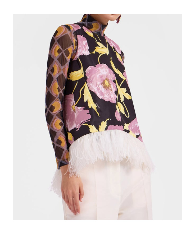 La Doublej La Double J Floral Print Top With Feather Trim In Multicolor
