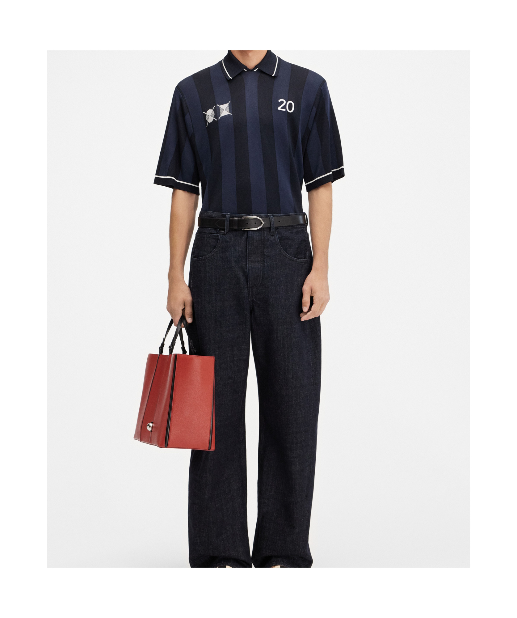 Jacquemus 'le Polo Liga' Blue Shirt With Maxi Rear Print And All-over Striped Motif In Gold