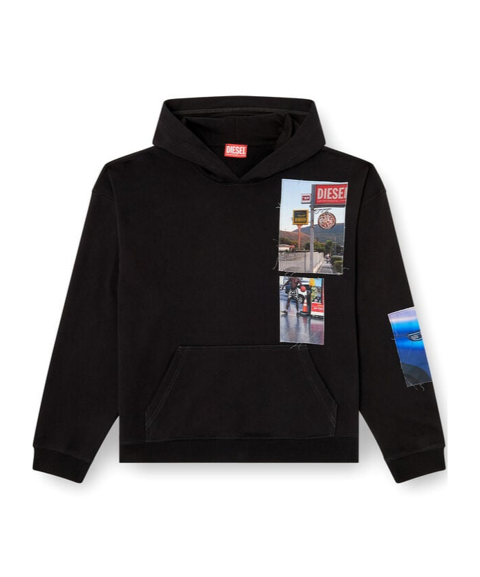 Diesel Graphic Print Hooded Sweater Kangaroo Pocket In Black