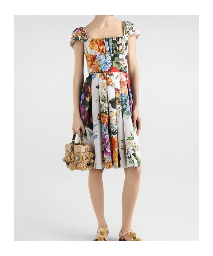 Dolce & Gabbana Floral Bouquet Popeline Cap-sleeve Pleated Dress In Multi