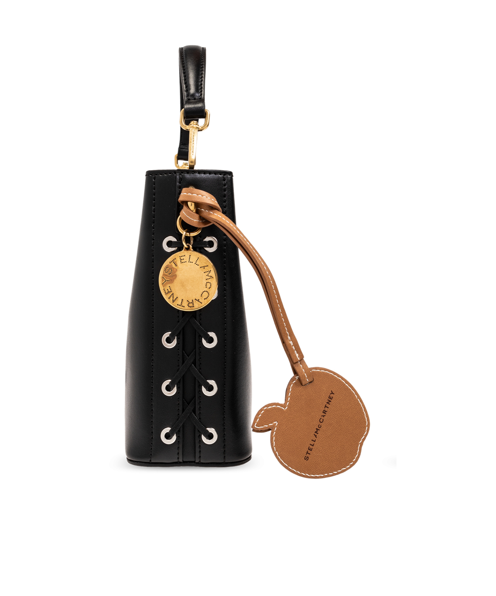 Stella Mccartney Frayme Logo-charm Bucket Bag In Black