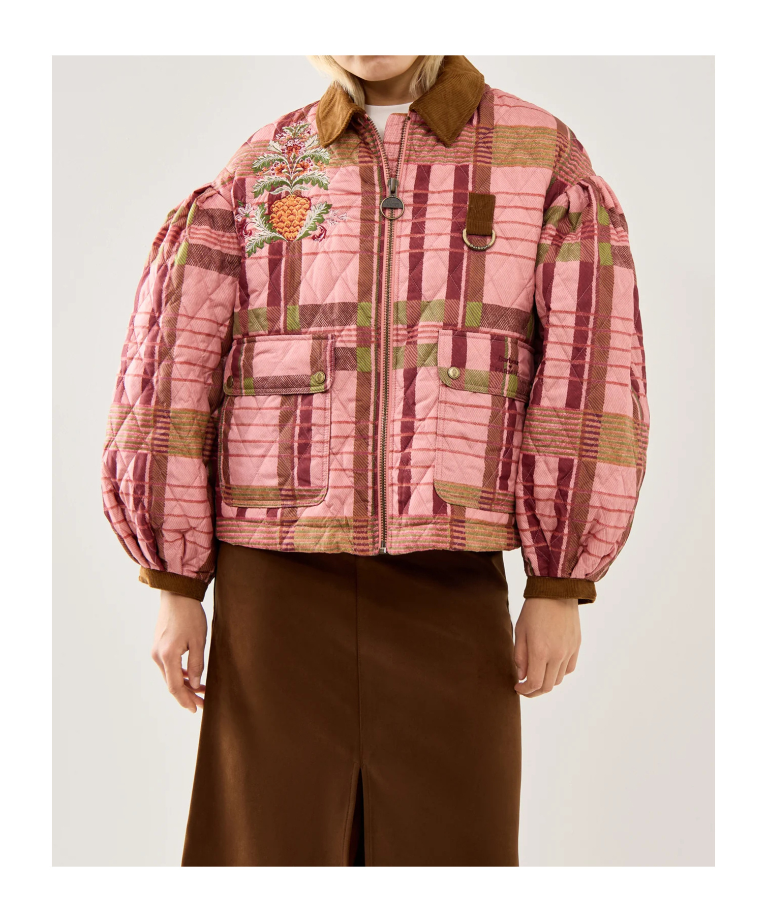 Barbour X Farm Rio Ana Clara Balloon-sleeves Quilted Jacket In Brown