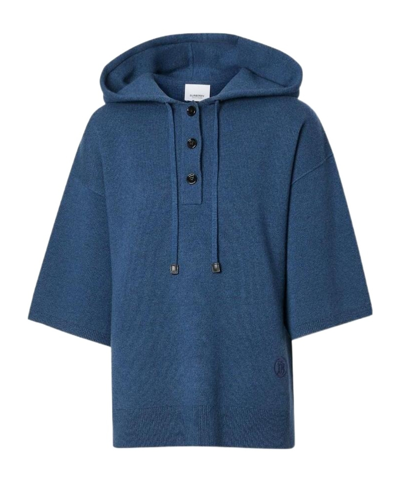 Burberry Half-sleeve Cashmere-blend Hoodie In Blue