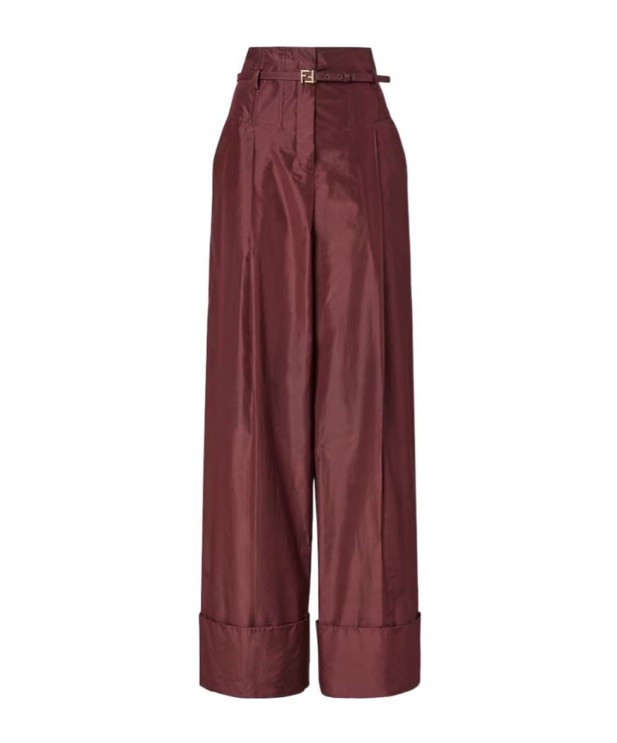 Fendi Women Bordeaux Pants With Ff Buckle Belt And Maxi Turn-up Hem In Silk Woman In Red