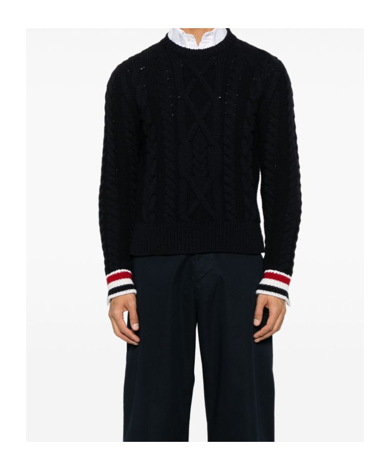 Thom Browne Rwb-stripe Cable-knit Sweater In Black