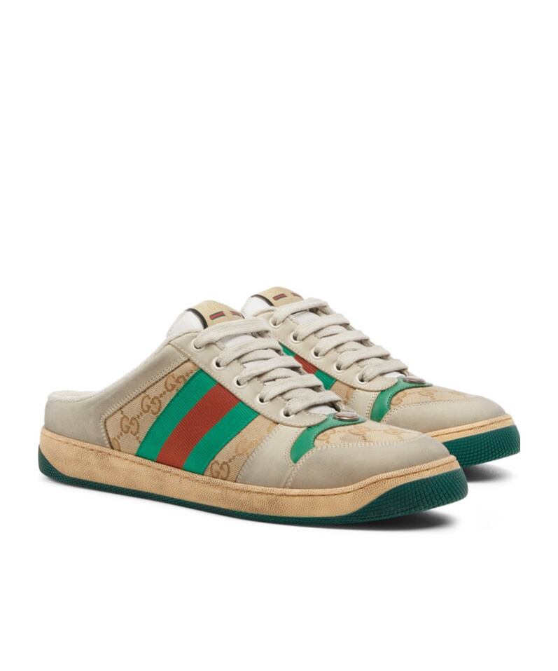 Gucci Screener Gg Canvas Leather-trimmed Mules In Neutral