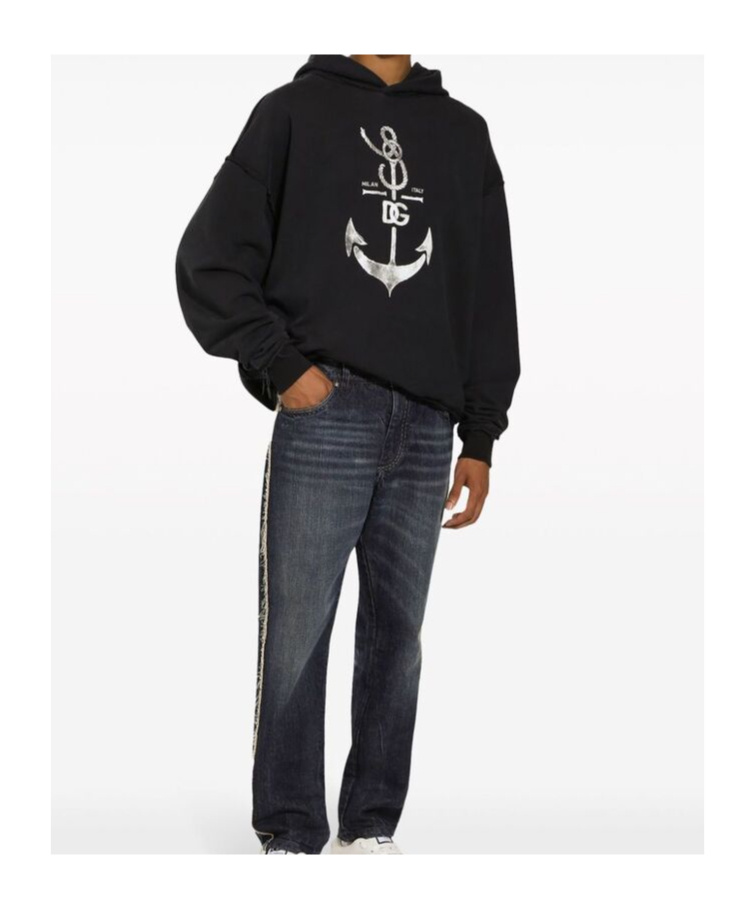 Dolce & Gabbana Printed Washed Cotton Jersey Hoodie In Black