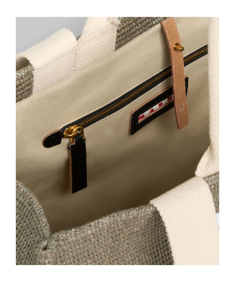 Marni Shopping L Khaki Beige Handles White Logo In Green