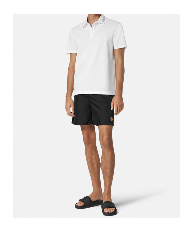 Versace Black Swim Shorts With Elastic Drawstring Waist And Medusa Embroidery On The Front In Tech Fabric Ma In Black