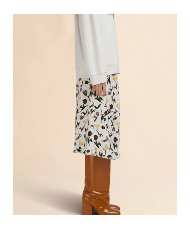 Marni Cream Envers Satin Midi Skirt With Tulips And Hares Print In Multi