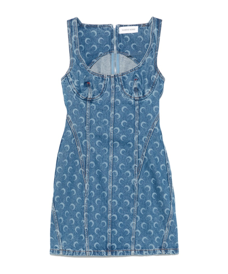 Marine Serre Moon Laser Denim Bustier Dress In Indigo Blue