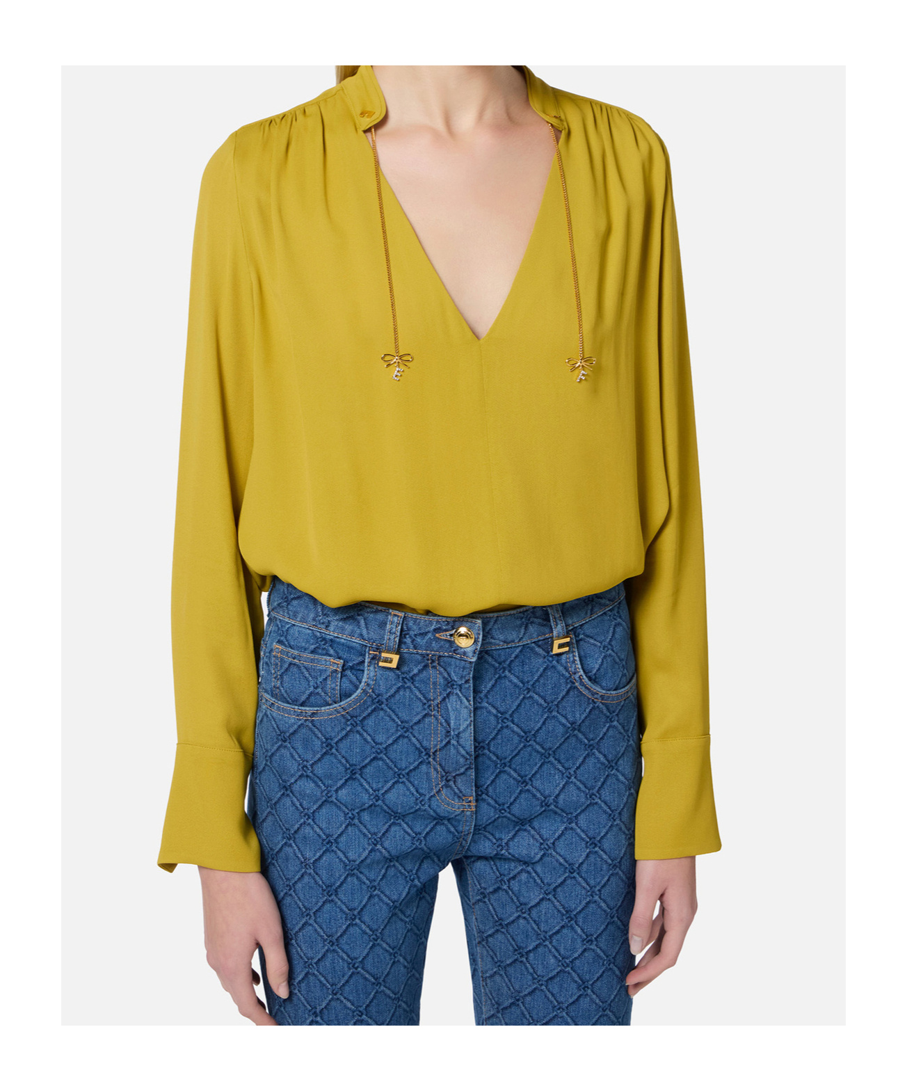 Elisabetta Franchi Logo-charm Georgette Blouse In Yellow