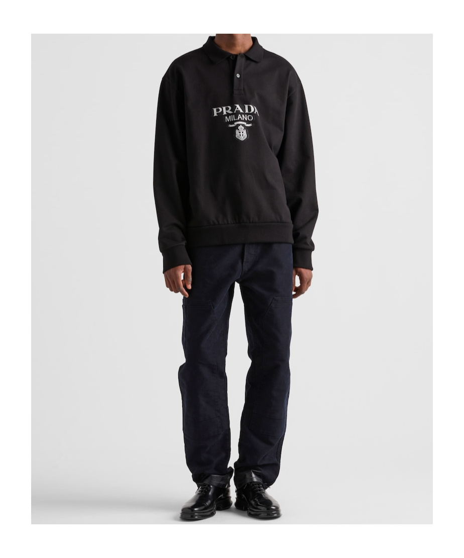 Prada Logo Print Long-sleeved Polo T-shirt In Black