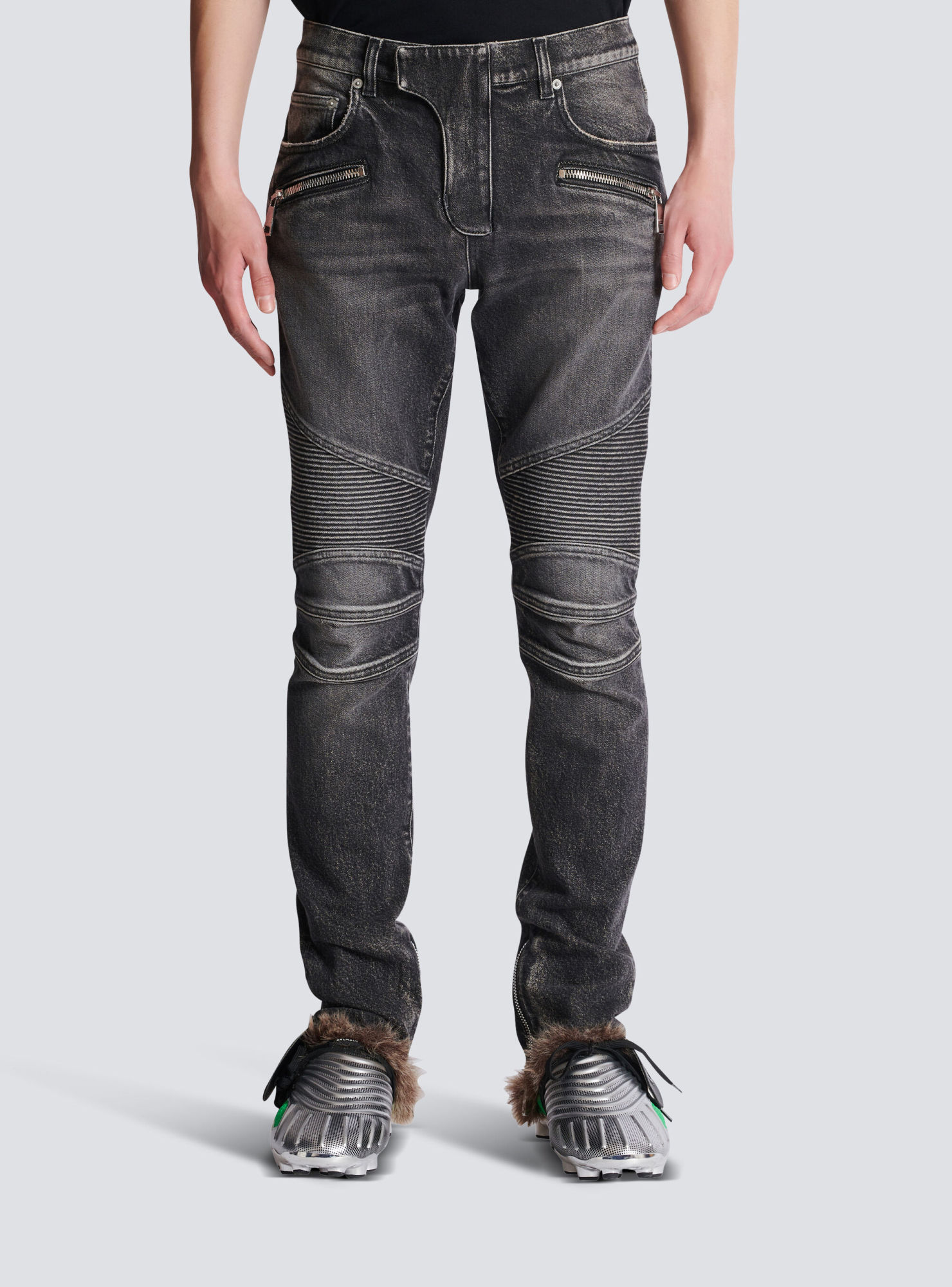 Balmain Straight Trousers With Distressed Finish And Zip Pockets In Gray