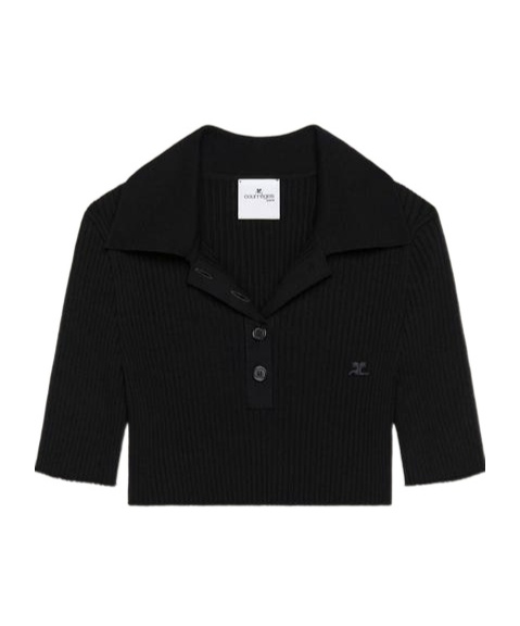 Courrèges Logo Patch Ribbed-knit Cropped Polo Top In Black