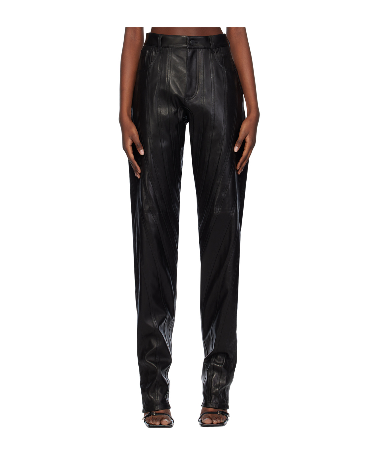 Mugler Leather Low-waist Tapered Trousers In Black