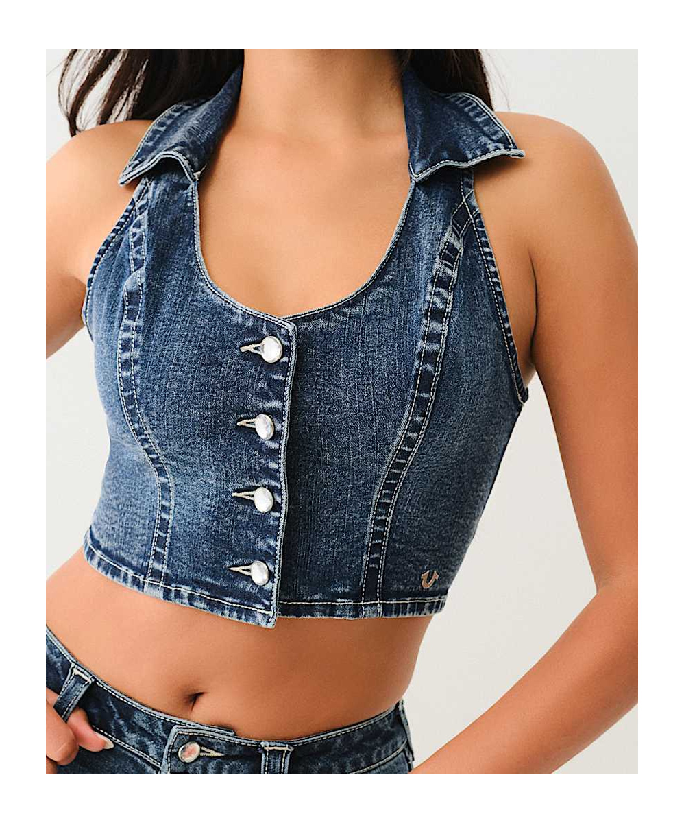 TRUE RELIGION CROP DENIM CRYSTAL VEST 