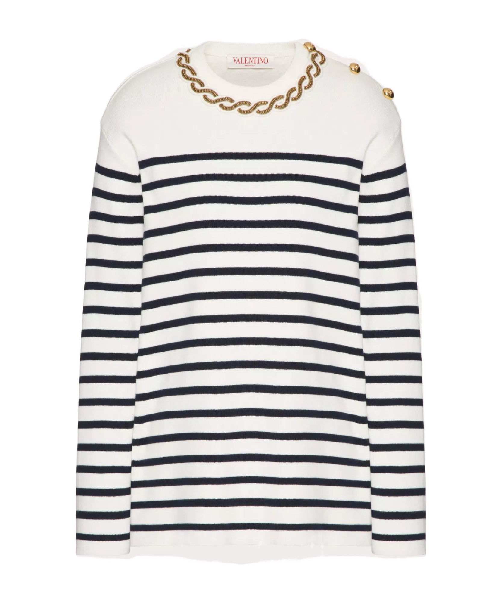 Valentino Embellished Striped Ribbed Cotton Sweater In White