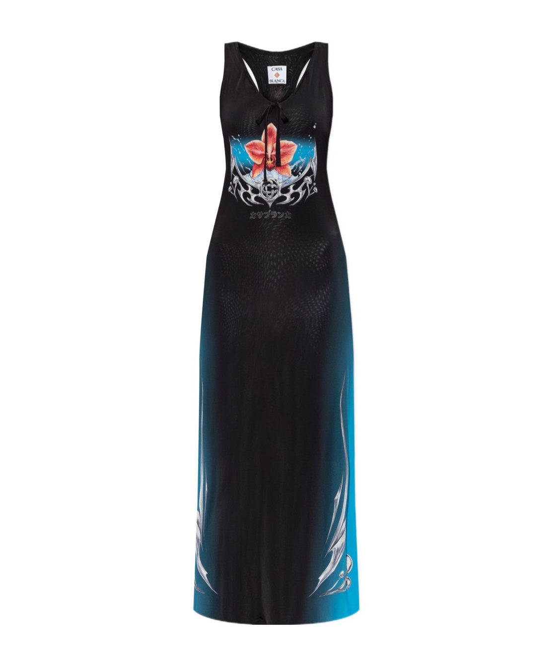 Casablanca Floral Print Midi Dress With Tie Detail In Black