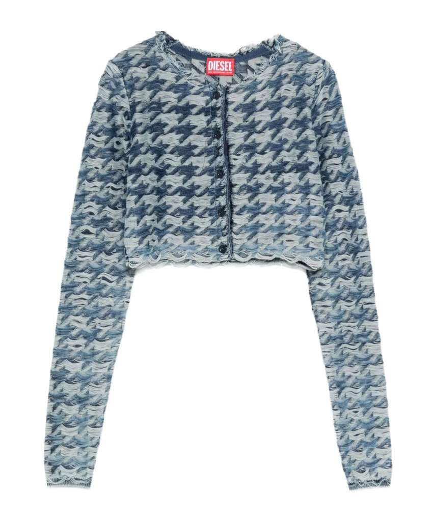 Diesel Long Sleeve Cropped Houndstooth Top In Blue