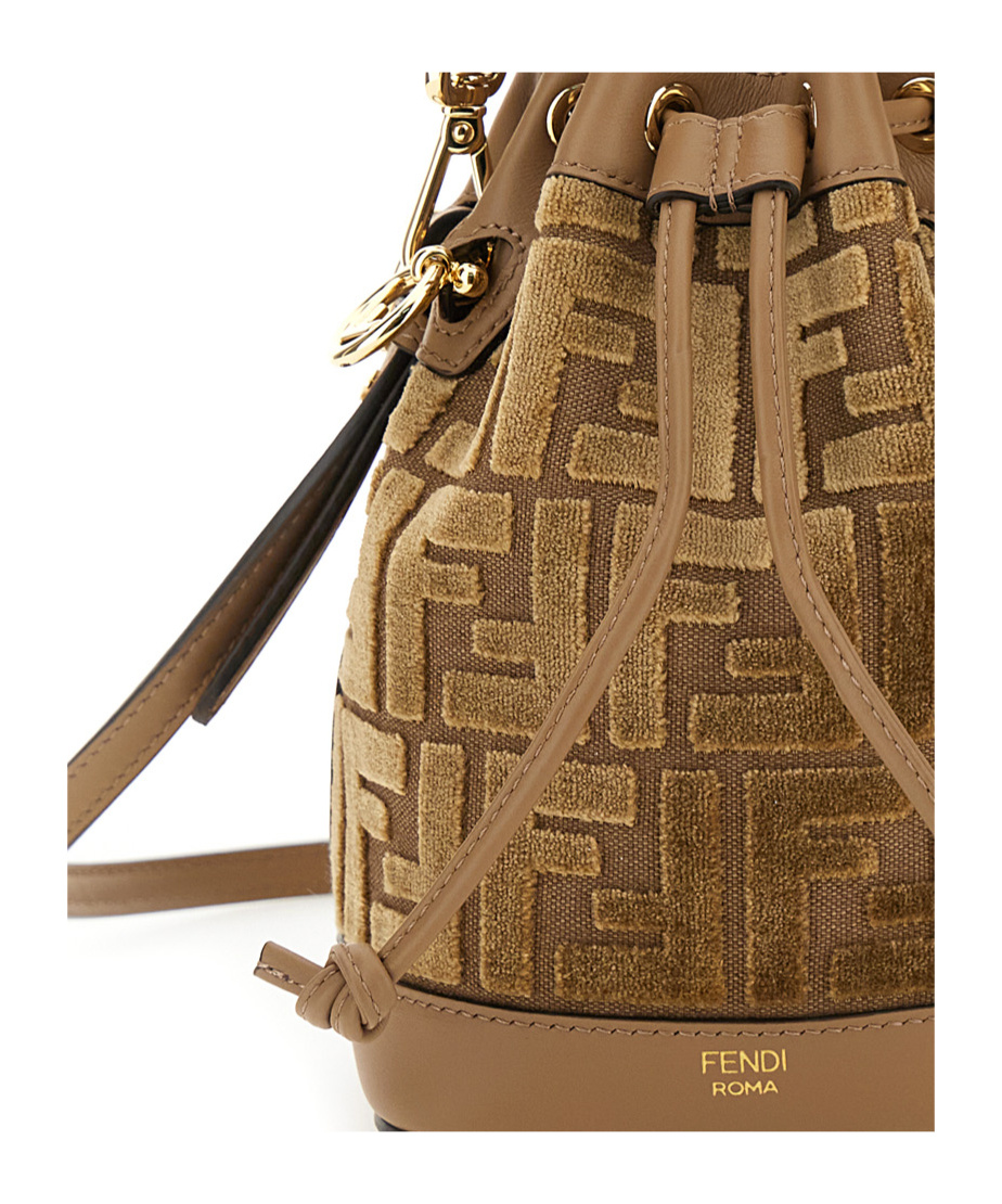 Fendi Mini Leather Bucket Bag With Monogram Pattern In Brown