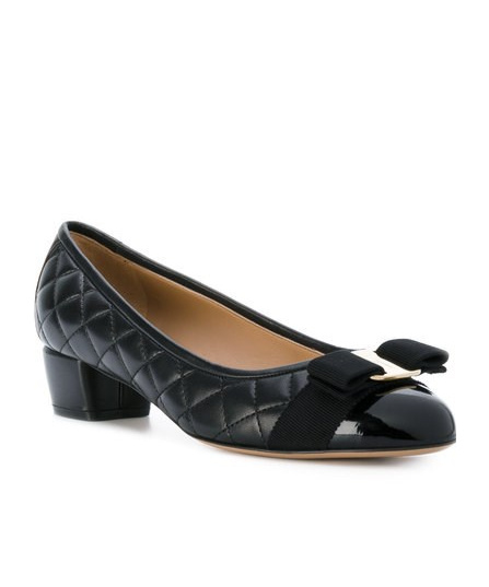Ferragamo Vara Q Bow-embellished Quilted Patent-leather Pumps In Black