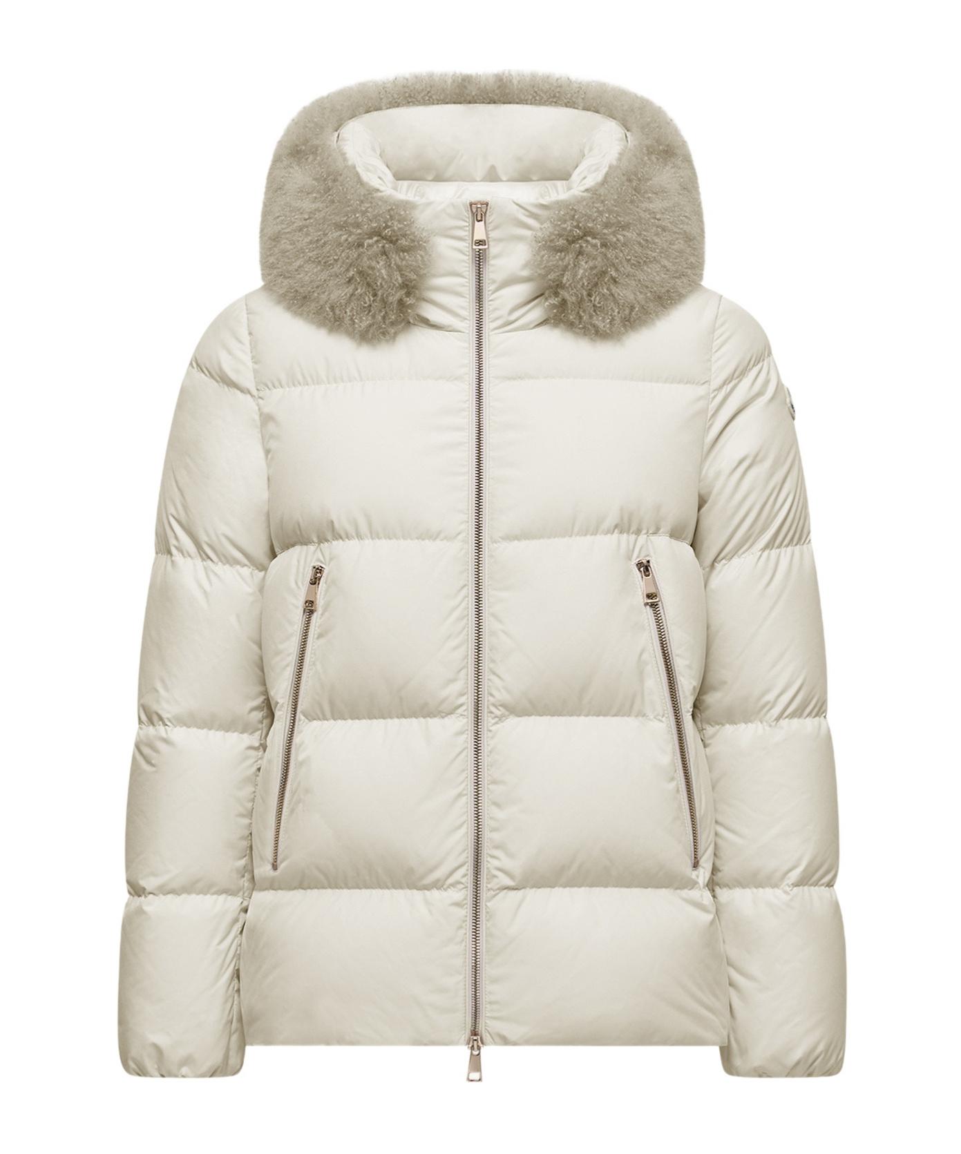 Moncler Laichefur Hooded Shearling-trimmed Short Down Jacket In White