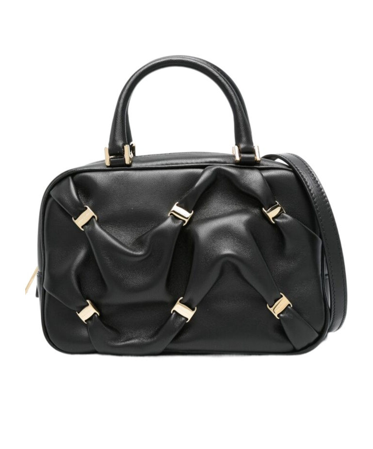Ferragamo Leather Handbag With Draped Details Secured By Mini Vara Bows In Black