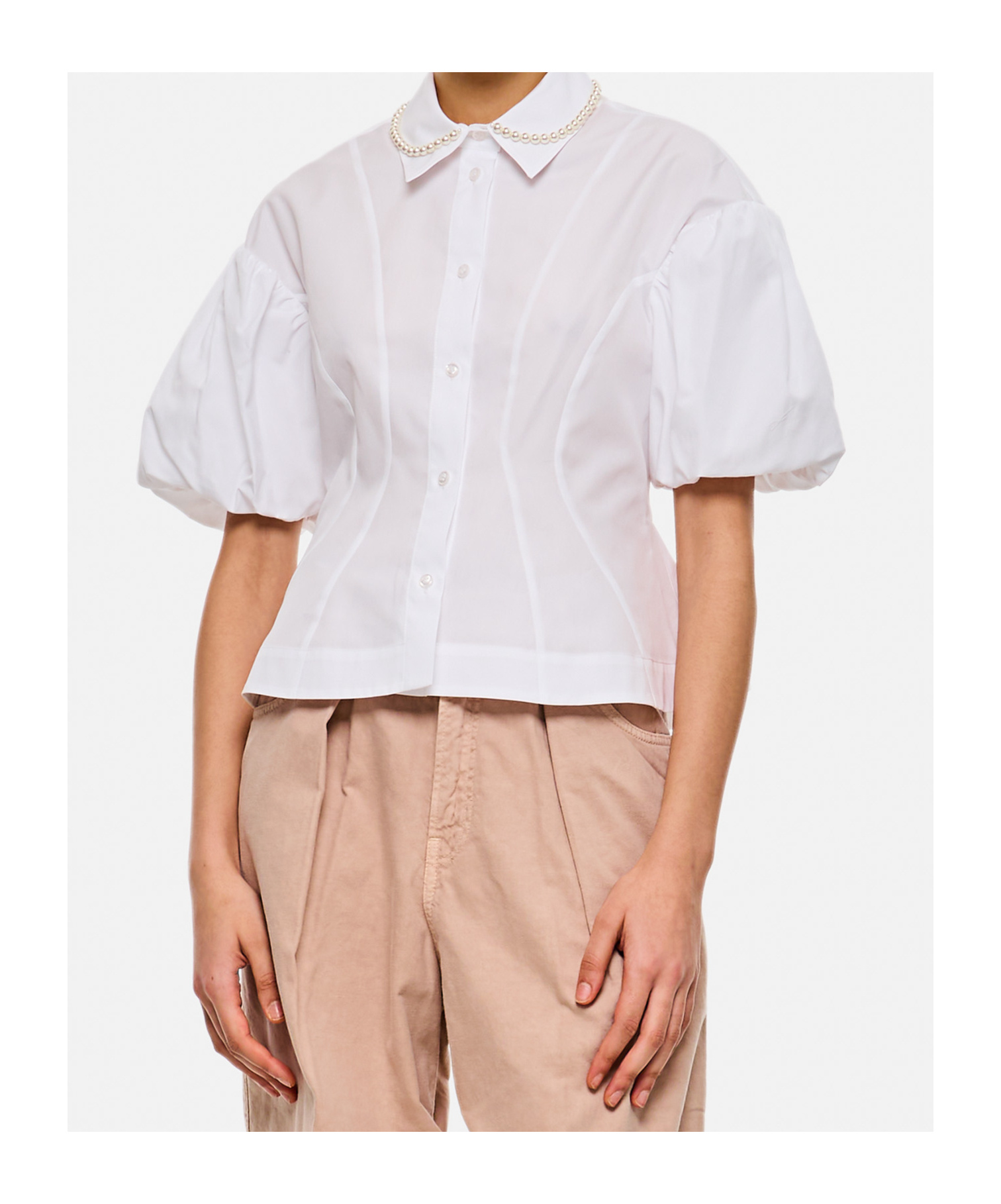 Simone Rocha Puff Sleeves White Shirt With Pearl-embellished Collar In White Pearl