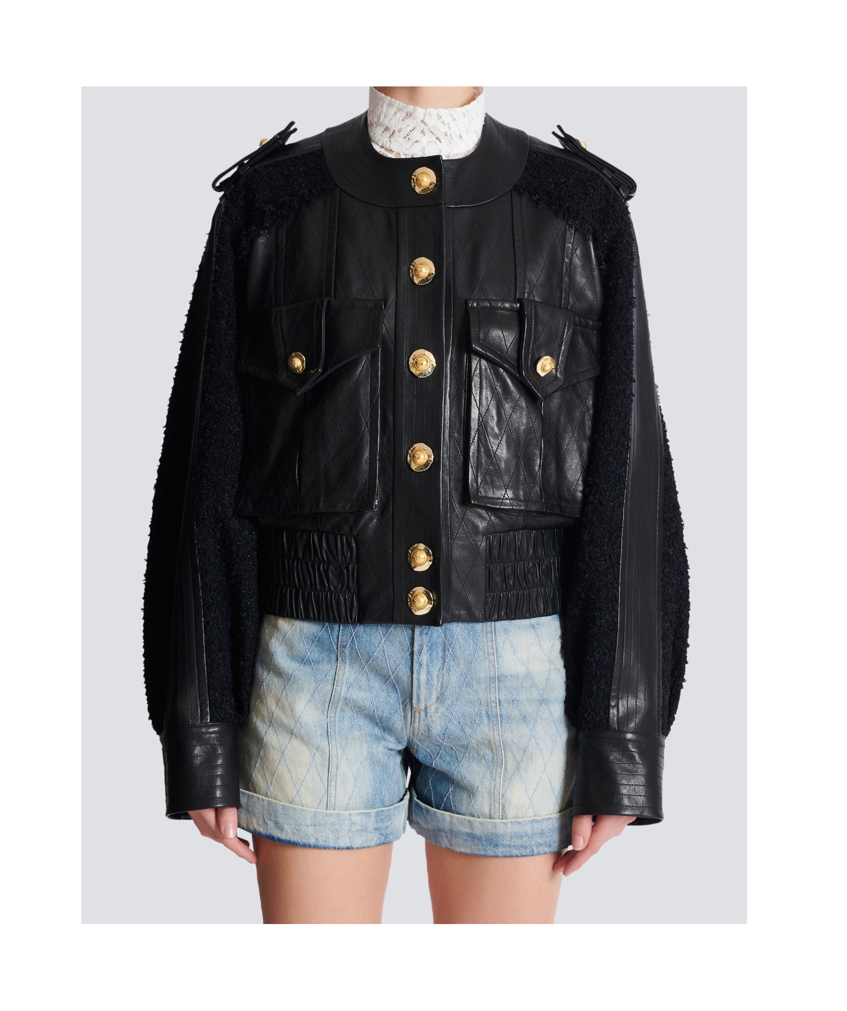 Balmain Quilted Leather And Tweed Bomber Jacket