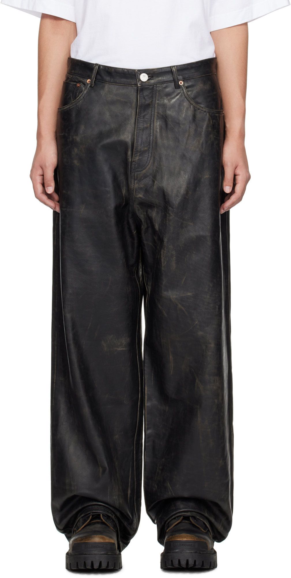 Vetements Distressed Leather Trousers In Multi