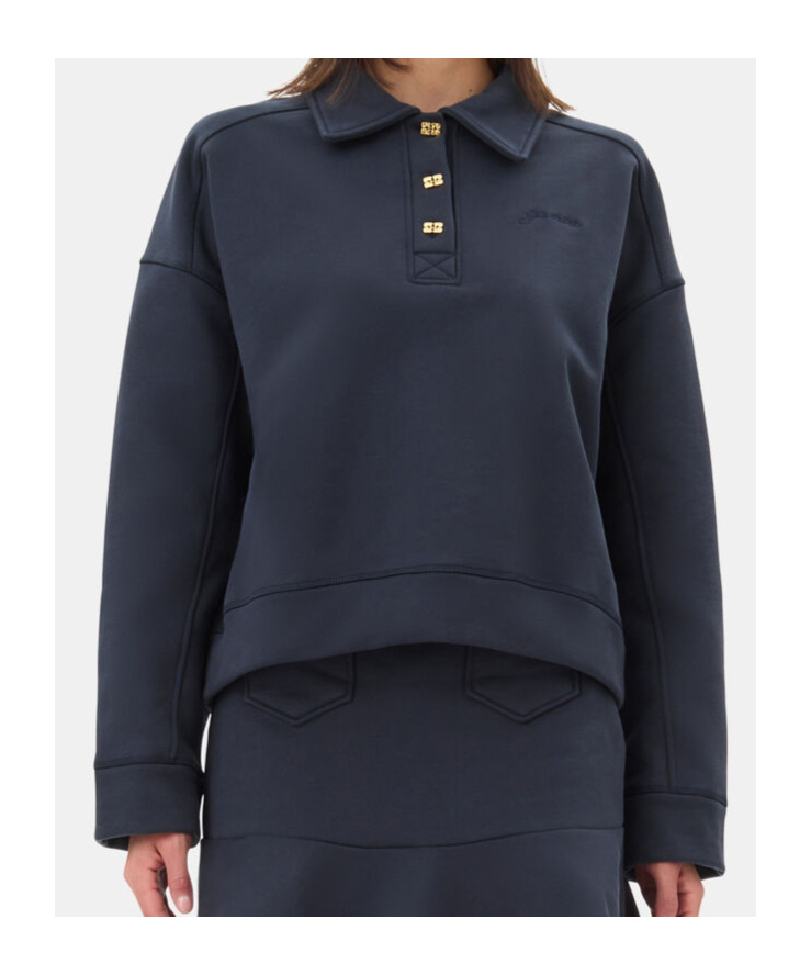 Ganni Heavy Fleece Drop Shoulder Polo Shirt In Black