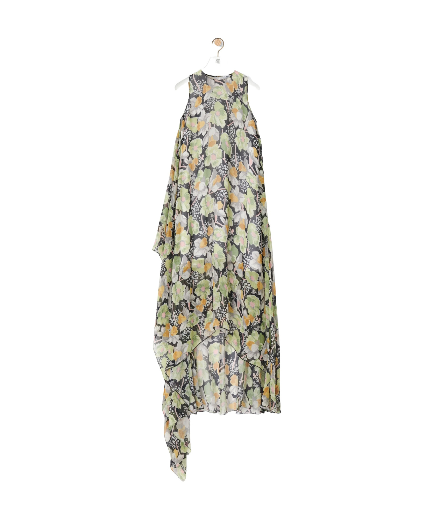 Loewe Floral Print Hoop Skirt Maxi Chiffon Silk Dress In Gray