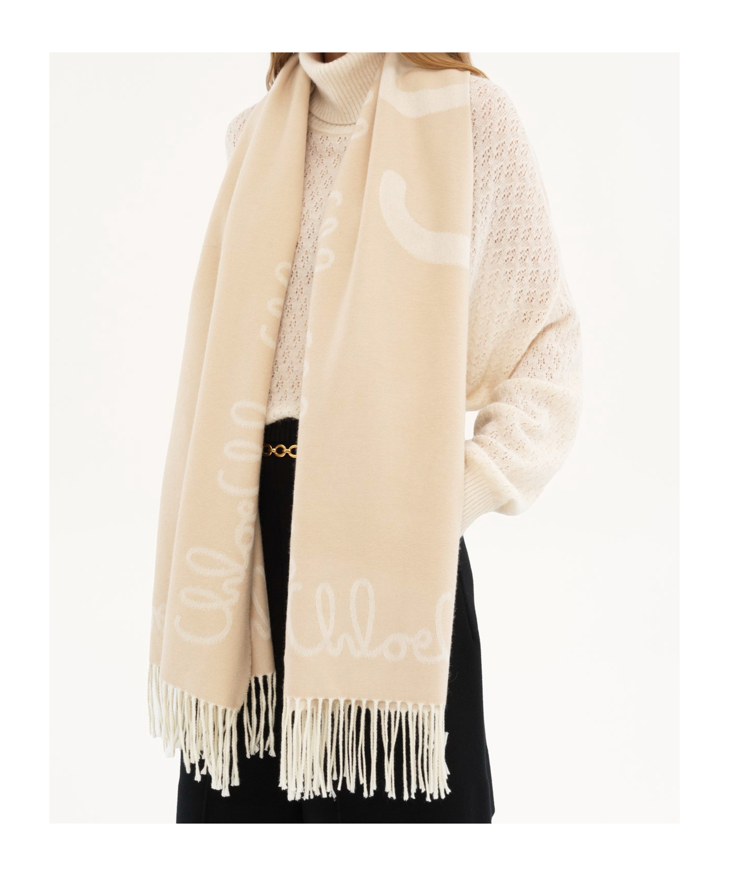Chloé Écharpe  Iconic En Laine Jacquard Femme Beige Taille Onesize 100% Laine In Nude