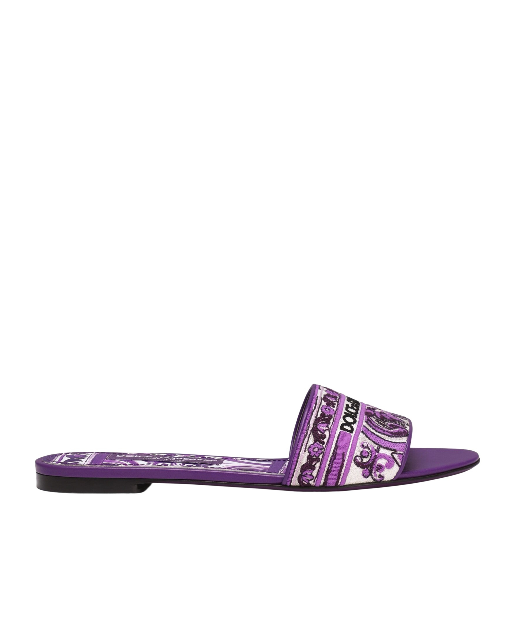 Dolce & Gabbana Violet Sandals With Logo Embroidery On The Front And All-over Majolica Motif In Cotton Blend Woman In Purple
