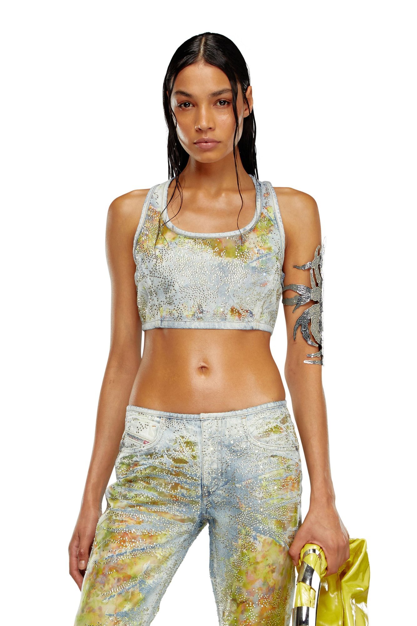Diesel Cropped Top In Flower Devoré Denim In White