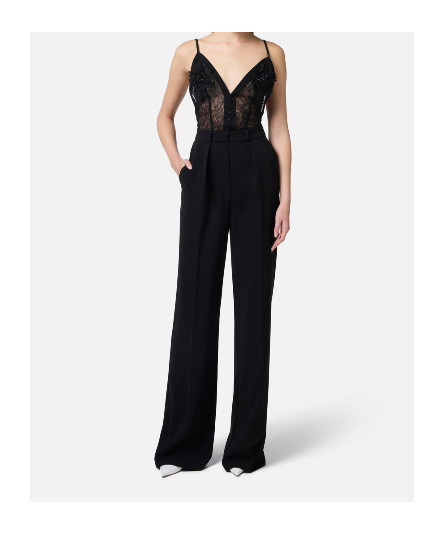 Elisabetta Franchi Black Jumpsuit With Deep Neckline And Lace Detail On The Front In Black