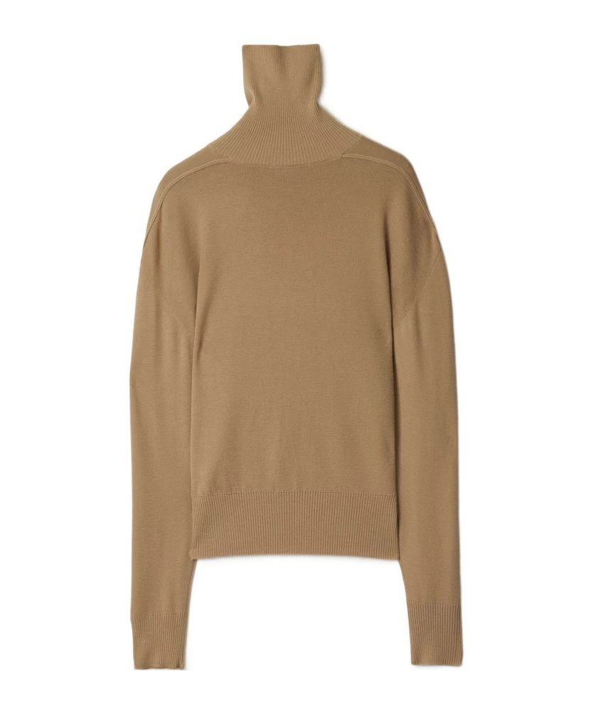 Burberry High-neck Wool Sweater With Logo Intarsia In Brown