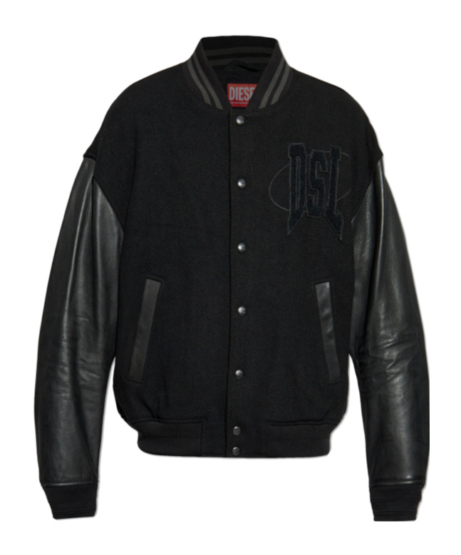 Diesel Varsity Bomber Jacket In Cotton And Leather In Black