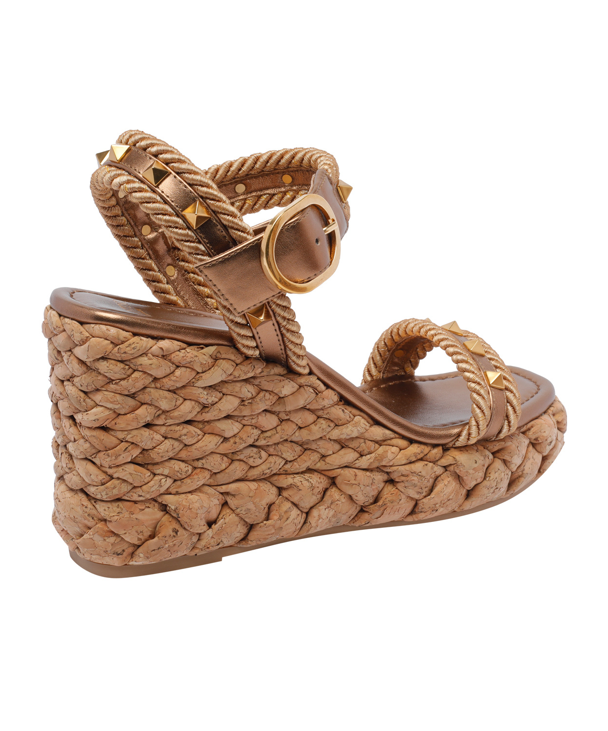 Valentino Studded Leather Cork Wedge Sandals In Brown