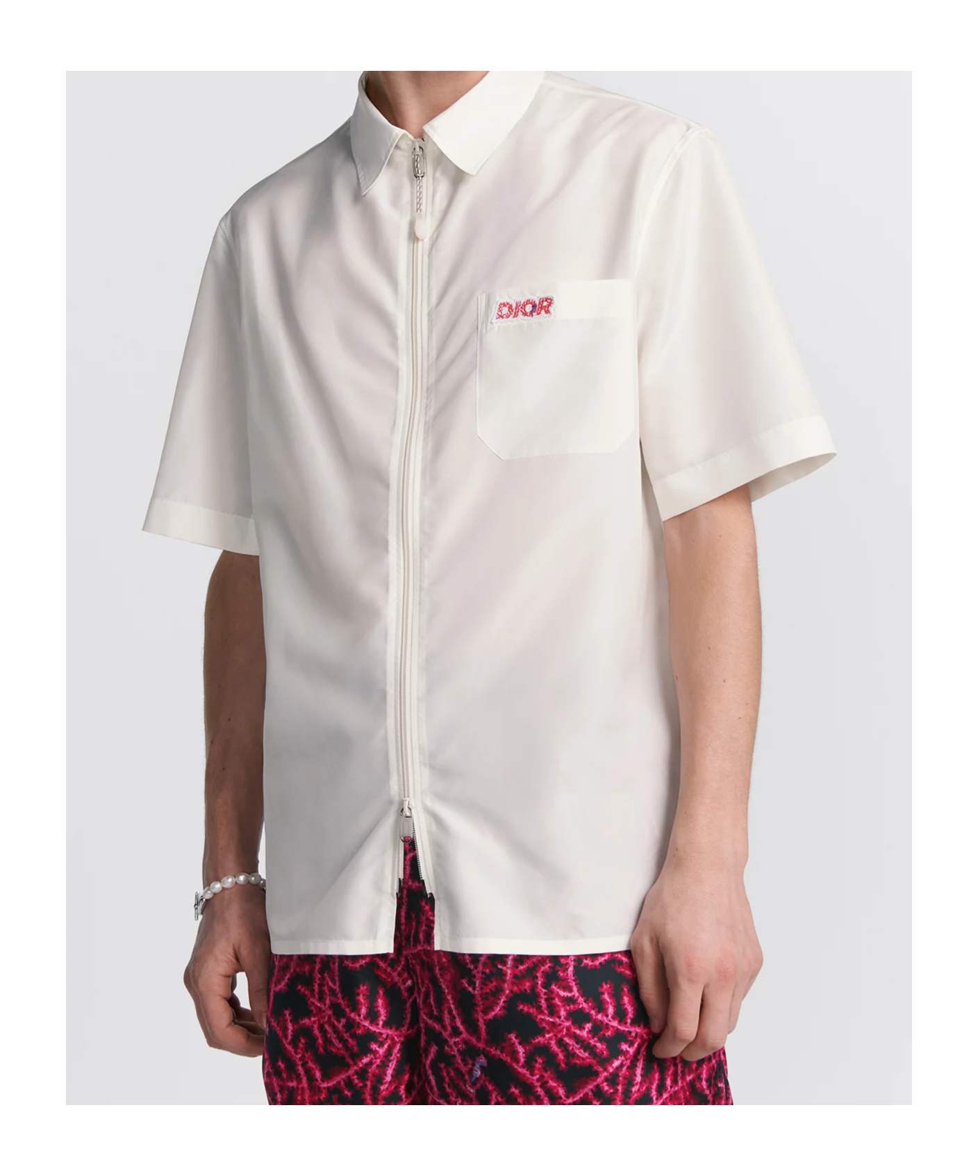 Dior Parley Solid Color Short Sleeved Shirt With Zip Closure In White