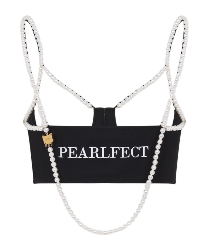Moschino Stretch Poplin Crop Top With Pearls In Black