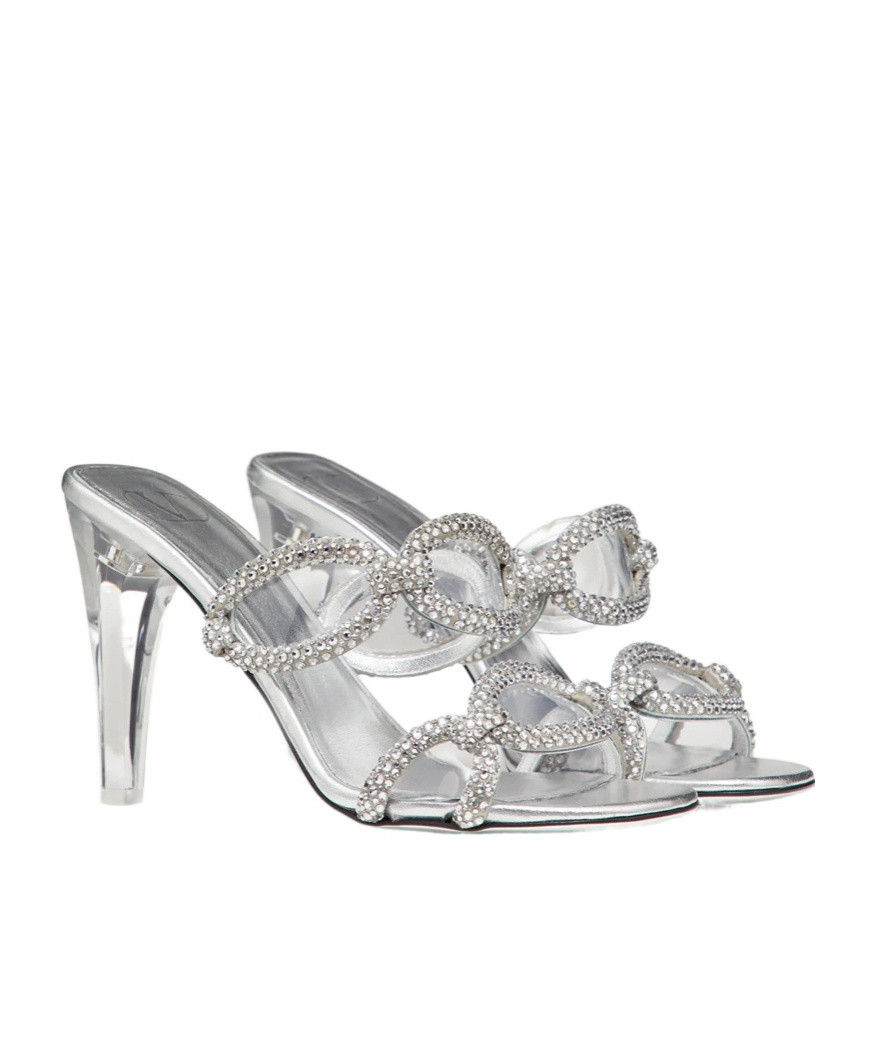 Valentino Crystal Chain Transparent-heel Mule Sandals In Gray